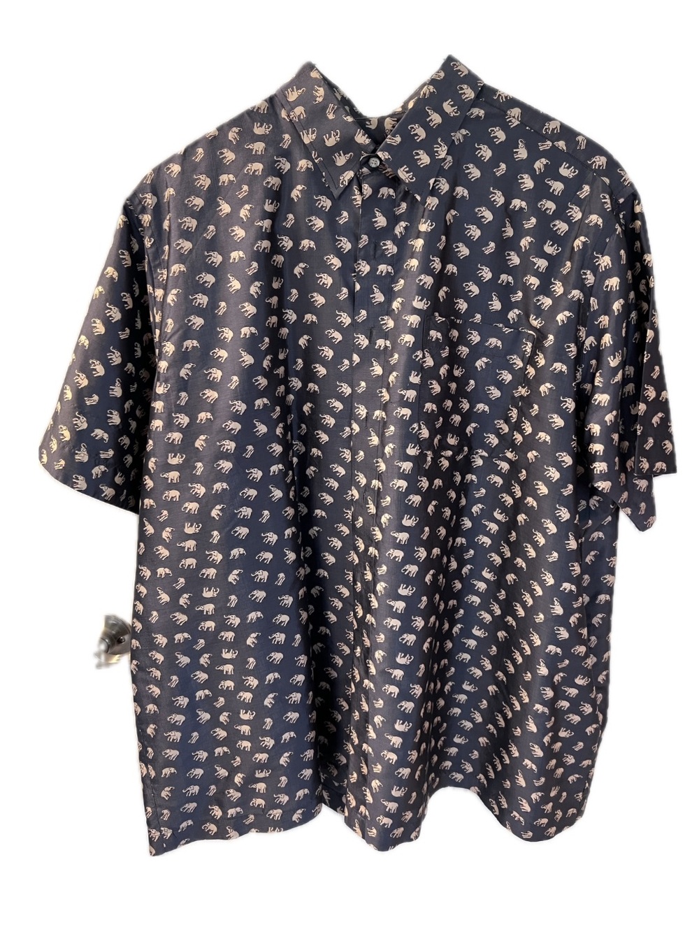 Gray Short-Sleeve Button-Down Shirt with Cream Elephant Print